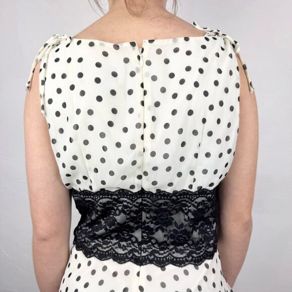 Vintage Y2K Mod Retro Polka Dot Lace Waist Babydoll Midi Dress Cream/Black Sz 8 - Picture 5 of 16
